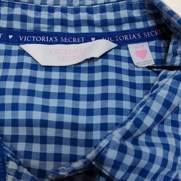 Victorias Secret Blue Gingham Med Button-Up Shirt Dress Long Sleeve Roll Up Tabs - Picture 3 of 11